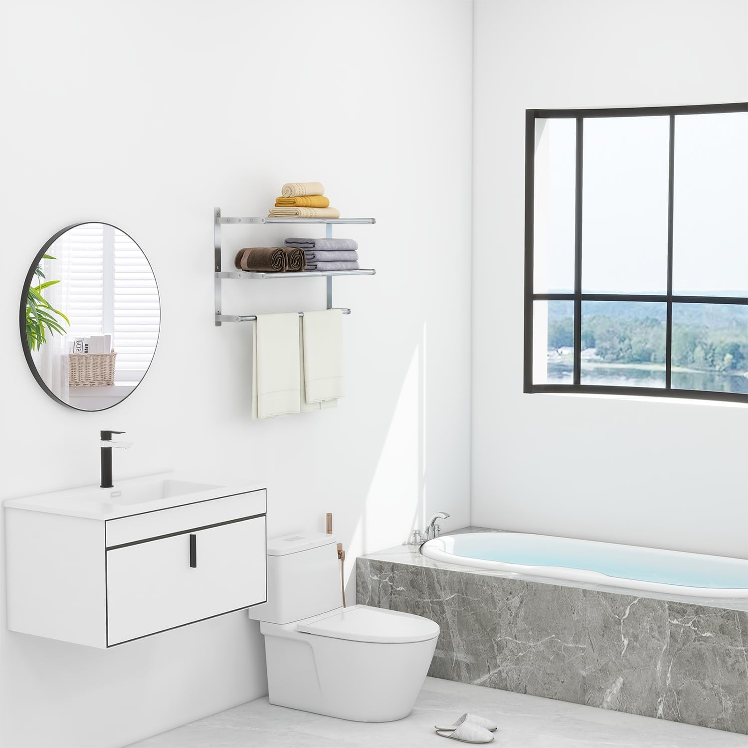 24-Inch Stainless Steel Bathroom Towel Rack with 3-Tier Shelf, Wall Mounted Hotel Style Towel Storage, Brushed Nickel - Image 2