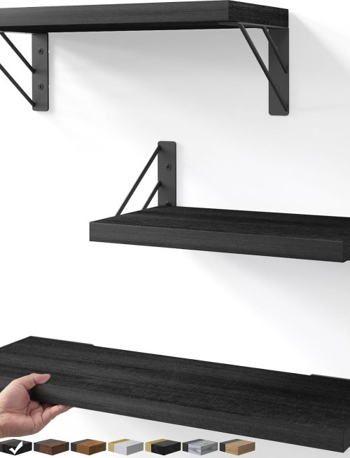 Black Wood Floating Bathroom Shelves Set of 3, Wall Mounted Display Shelves for Bathroom Essentials and Home Organization