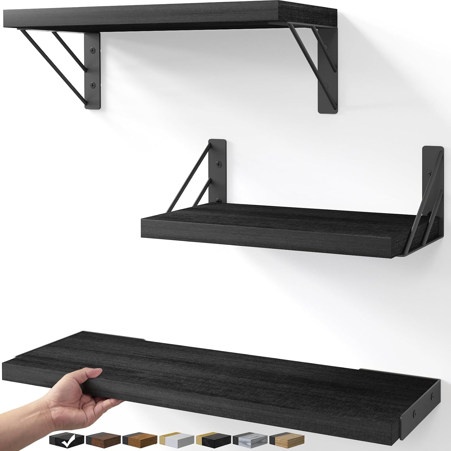 Black Wood Floating Bathroom Shelves Set of 3, Wall Mounted Display Shelves for Bathroom Essentials and Home Organization
