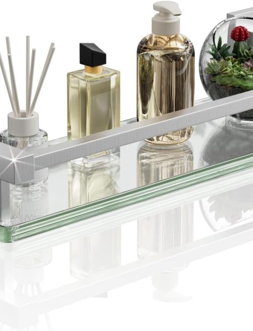 16-Inch Tempered Glass Bathroom Shelf with Stainless Steel Guard Rail, Brushed Nickel Wall Mounted Floating Shelf