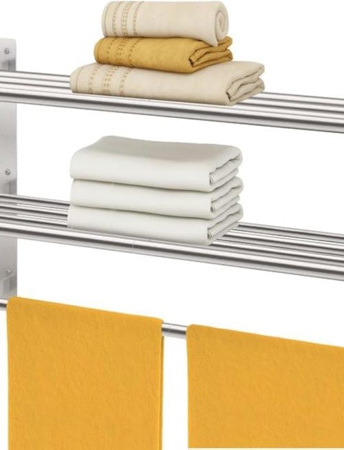 24-Inch Stainless Steel Bathroom Towel Rack with 3-Tier Shelf, Wall Mounted Hotel Style Towel Storage, Brushed Nickel