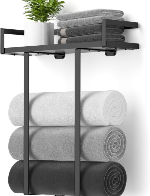 Wall Mounted Metal Towel Rack with Wooden Shelf, Large Bathroom Towel Organizer for Small Spaces and RVs