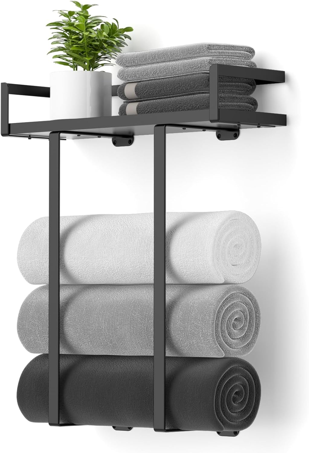 Wall Mounted Metal Towel Rack with Wooden Shelf, Large Bathroom Towel Organizer for Small Spaces and RVs