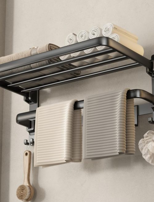 24-Inch Foldable Bathroom Towel Shelf with Towel Bar and 7 Hooks, Wall Mounted Storage Rack, Matte Black