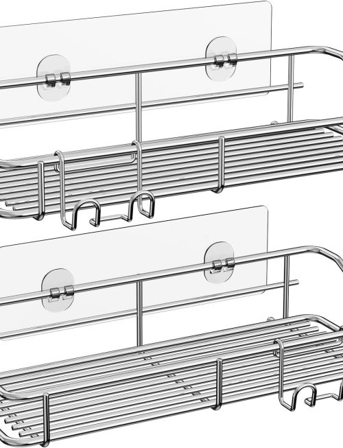 2-Pack Stainless Steel Adhesive Shower Caddies, Rustproof Wall Mounted Bathroom Shelves with Hooks and Razor Holder