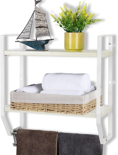 Rustic White Bathroom Wall Shelf with Towel Bar and 5 Hooks, 2-Tier Storage Rack for Bathroom, Kitchen & Bedroom