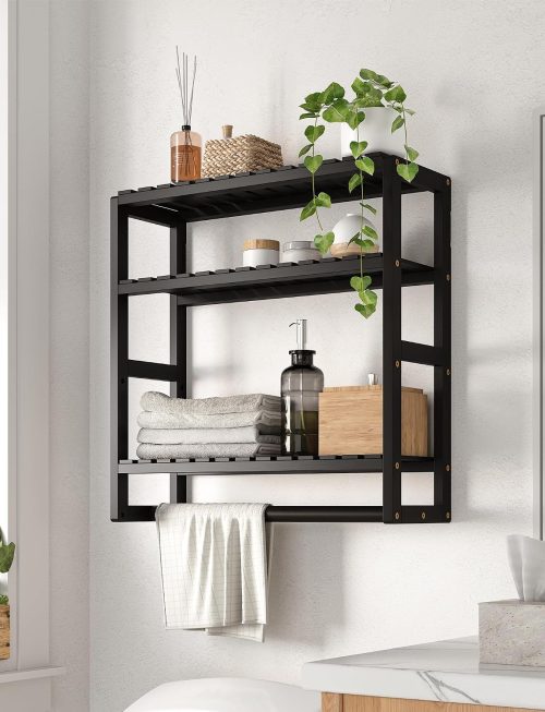 3-Tier Over-the-Toilet Bathroom Storage Shelf, Black Bamboo Wall Mounted Organizer with Towel Bar and Space-Saving Design