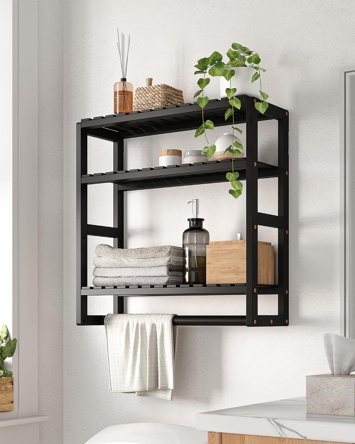 3-Tier Over-the-Toilet Bathroom Storage Shelf, Black Bamboo Wall Mounted Organizer with Towel Bar and Space-Saving Design